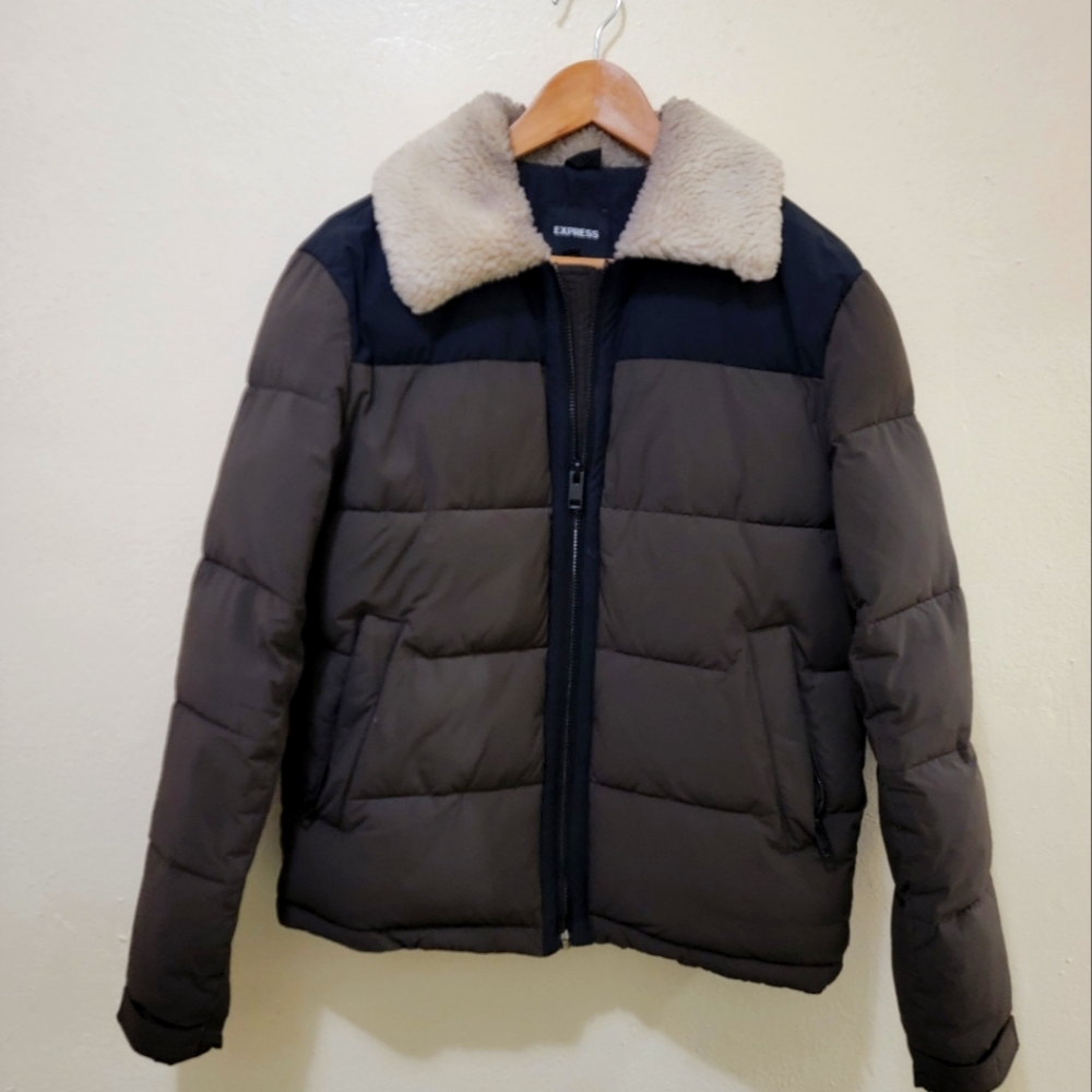 Zara Puffer Jacket Mens | Green fauxFur Neck Collar (Sz Small) Insulated Puffy
